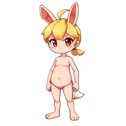 blond hair, red eyes, bunny boy, curvy physique, low ponytail