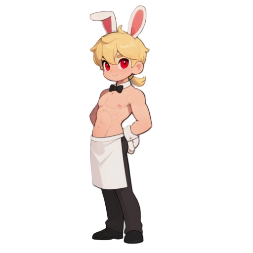 blond hair, red eyes, bunny boy, male anatomy, curvy physique, low ponytail, waiter's outfit