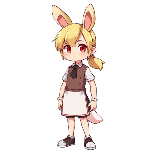 blond hair, red eyes, bunny boy, male anatomy, curvy physique, low ponytail, waiter's outfit