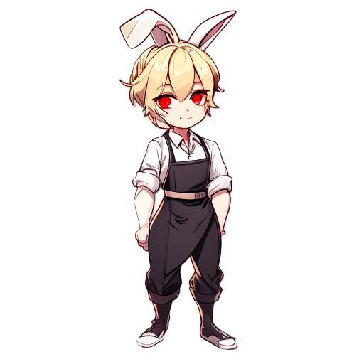 blond hair, red eyes, bunny boy, male anatomy, curvy physique, low ponytail, waiter's outfit