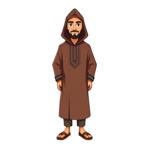 moroccan man wearing a traditional jellaba (brown or deep blue hooded caftan with embroidered neckline and front), pointed hood andbyellow or brown babouch slippers