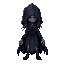 villainous sprite, game sprite, 32 bit pixel art, female figure cloaked in shadows, dripping shadows, monstrous features, dark and moody atmosphere, richly detailed filled with foreboding hues
