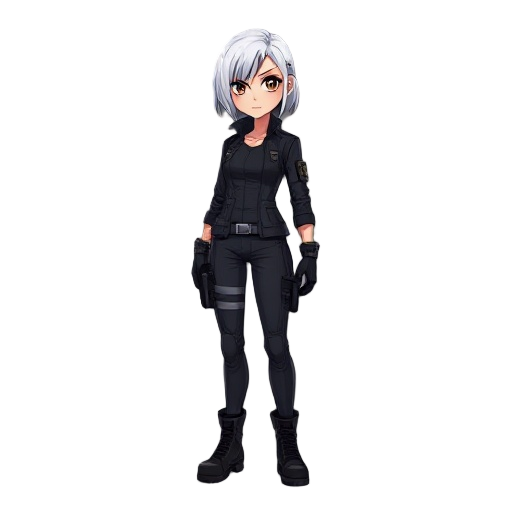 "full-body young adult female agent, medium-length white hair with black strands at the front, one eye brown, the other completely white with no iris, glowing softly. wearing tactical agent outfit: dark fitted jacket, pants, combat boots, utility belt. co
