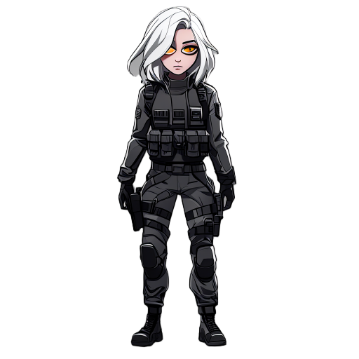 "full-body young adult female agent, medium-length white hair with black strands at the front, one eye brown, the other completely white with no iris, glowing softly. wearing tactical agent outfit: dark fitted jacket, pants, combat boots, utility belt. co
