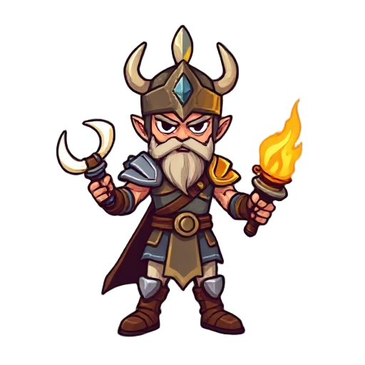 create an 8 bit character with the appearance of a warrior with a horn like instrument white on one hand and a torch on the other hand