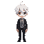 white haired anime character, wearing a black suit
