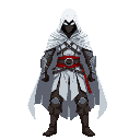 a stealthy assassin wearing a white hooded cloak, face completely hidden except for glowing white eyes, no other facial features visible, slim and agile build, dark gloves, light armor, mysterious and