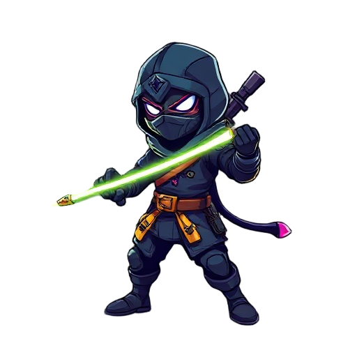 a space ninja with neon sward, gun and grenades