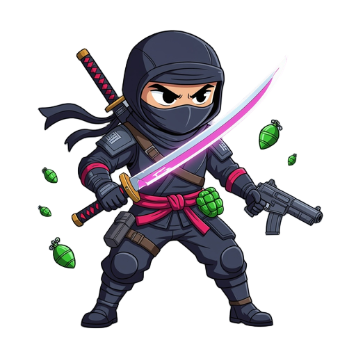 space ninja with neon sward, gun and grenades