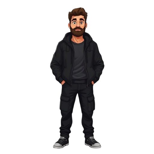 26 year old man, with beard black jacket, black cargo pants