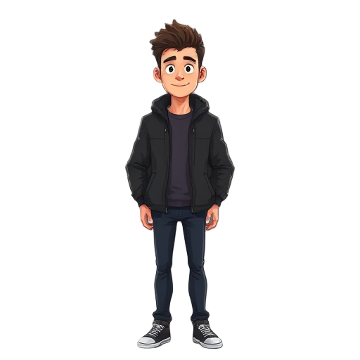 30 year old male character wearing black jacket
