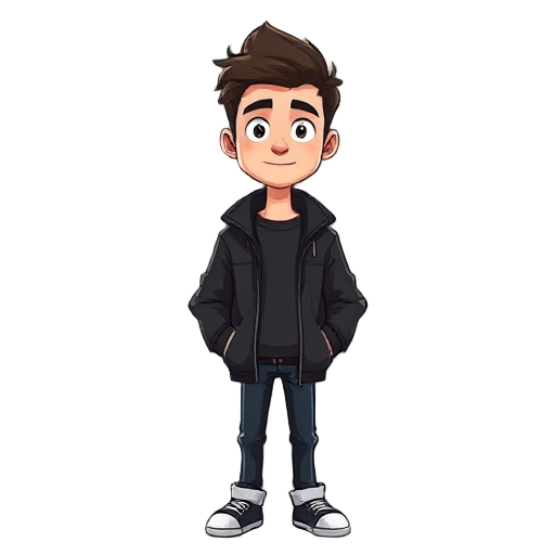 30 year old male with character wearing black jacket make him 