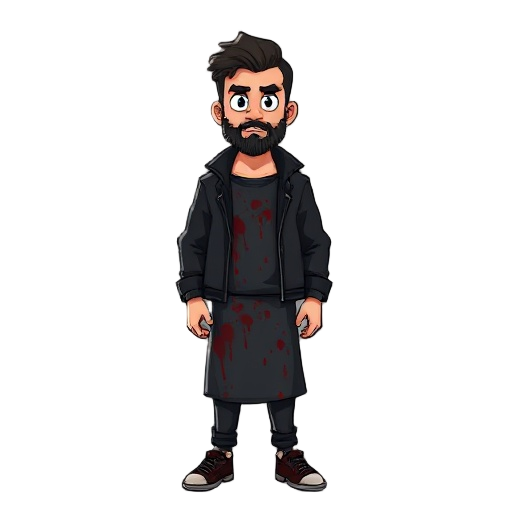 30 year old male with character wearing black jacket pixelated blood all over his dress has beard