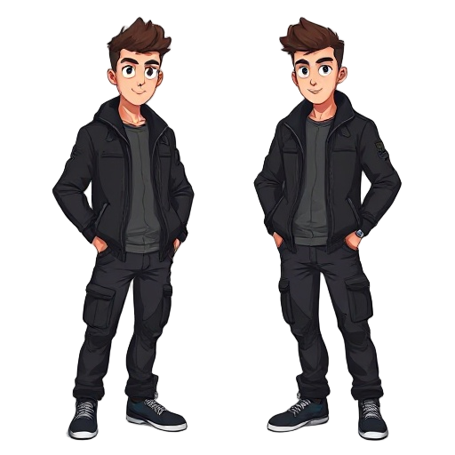 26 year old guy, black jacket, black cargo pants