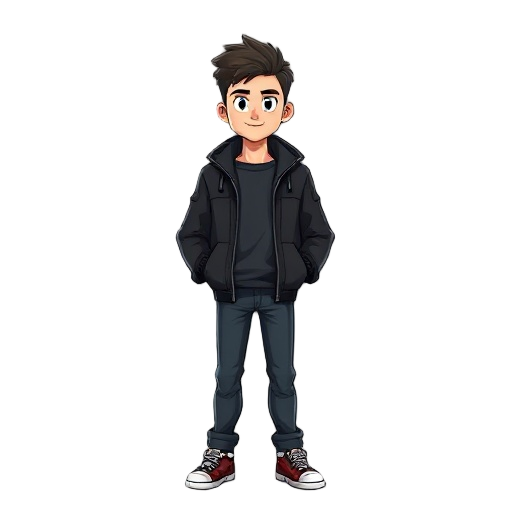 30 year old male with character wearing black jacket make him 
