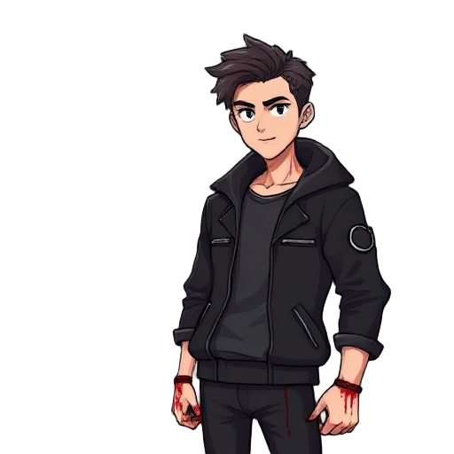 30 year old male character wearing black jacket with blood on his hands