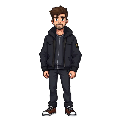 30 year old male character wearing black jacket make him pixelated