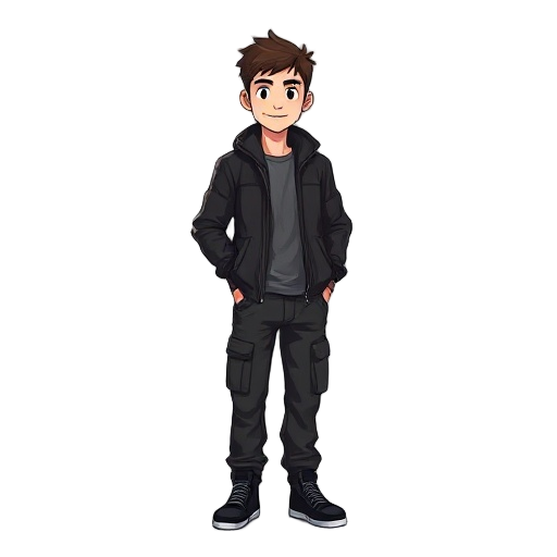26 year old guy, black jacket, black cargo pants