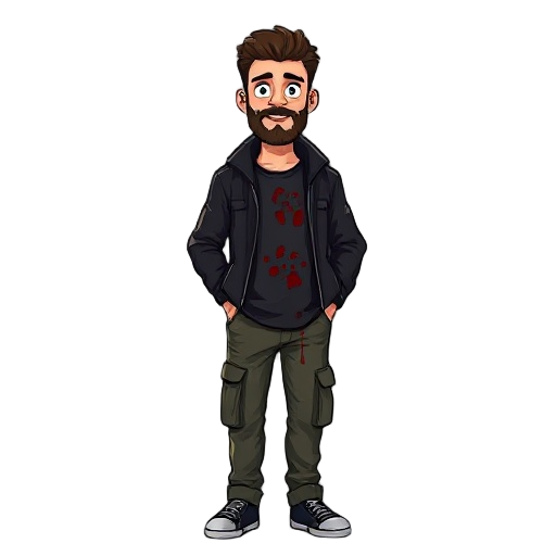 30 year old male with character wearing black jacket pixelated blood all over his dress has beard wearing a cargo pants make him stand t pose