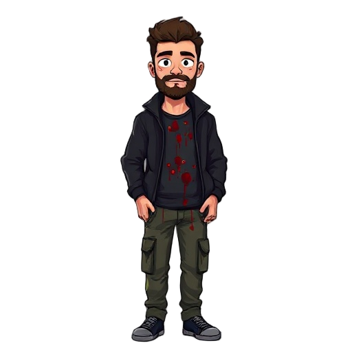 30 year old male with character wearing black jacket pixelated blood all over his dress has beard wearing a cargo pants