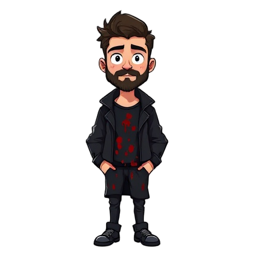 30 year old male with character wearing black jacket pixelated blood all over his dress has beard