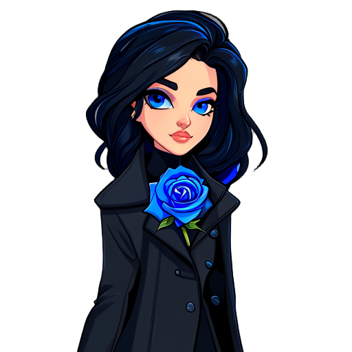 the singer ado with black hair and blue eyes, the hair is dark blue from inside and she have a black coat with an dark blue rose in her chest and the rose is small, she is an adult with 23y and draw her with full body