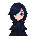 the singer ado with black hair and blue eyes, the hair is dark blue from inside and she have a black coat with an dark blue rose in her chest and the rose is small