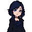 the singer ado with black hair and blue eyes, the hair is dark blue from inside and she have a black coat with an dark blue rose in her chest and the rose is small, she is an adult with 23y and draw her with full body