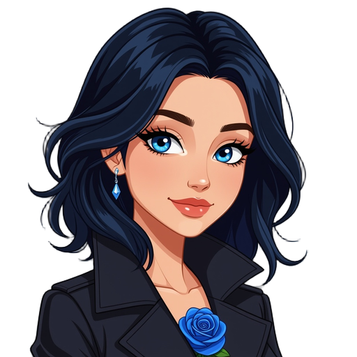 the singer ado with black hair and blue eyes, the hair is dark blue from inside and she have a black coat with an dark blue rose in her chest and the rose is small, she is an adult with 23y and draw her with full body