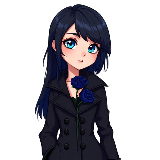 the singer ado with black hair and blue eyes, the hair is dark blue from inside and she have a black coat with an dark blue rose in her chest and the rose is small, she is an adult with 23y and draw her with full body