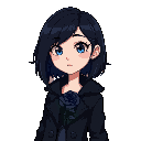 the singer ado with black hair and blue eyes, the hair is dark blue from inside and she have a black coat with an dark blue rose in her chest and the rose is small, she is an adult with 23y and draw her with full body