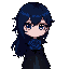 the singer ado with black hair and blue eyes, the hair is dark blue from inside and she have a black coat with an dark blue rose in her chest