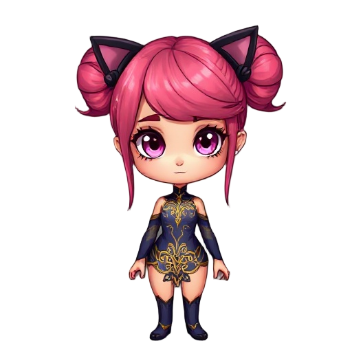 a young female character with long, pinkish-magenta hair styled into a ponytail with two buns adorned with black, cat-ear-like accessories. she has large, expressive pink-purple eyes. her attire is a dark blue and gold fantasy leotard with intricate gold 