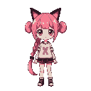 pixel girl with realistic bodyshape and head, a young female character with long, pinkish-magenta hair styled into a ponytail with two buns adorned with black, cat-ear,