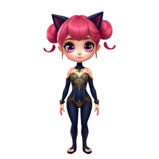 a young female character with long, pinkish-magenta hair styled into a ponytail with two buns adorned with black, cat-ear-like accessories. she has large, expressive pink-purple eyes. her attire is a dark blue and gold fantasy leotard with intricate gold 