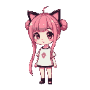 pixel girl with realistic bodyshape and head, a young female character with long, pinkish-magenta hair styled into a ponytail with two buns adorned with black, cat-ear,