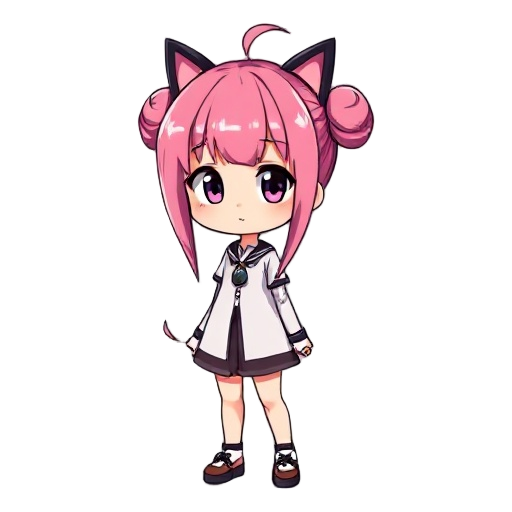 side-scrolling view, in the style of classic jrpgs, vibrant color palette, detailed shading, crisp outlines.  a young female character with long, pinkish-magenta hair styled into a ponytail with two buns adorned with black, cat-ear-like accessories. she h