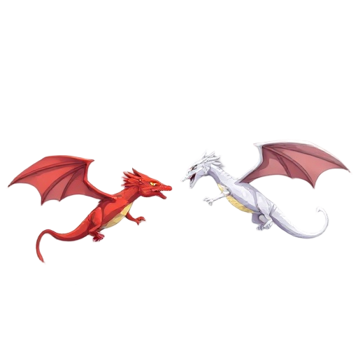 the setting should depict the beginning of a battle between two dragons — one red and one white — fighting in the sky n