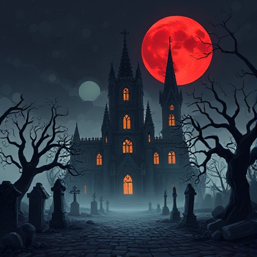 pixel art dark fantasy landscape, gothic graveyard scene, large red moon, medieval cathedral, fog, glowing windows, twisted trees, cobblestone ground, 2d background, 16-bit style