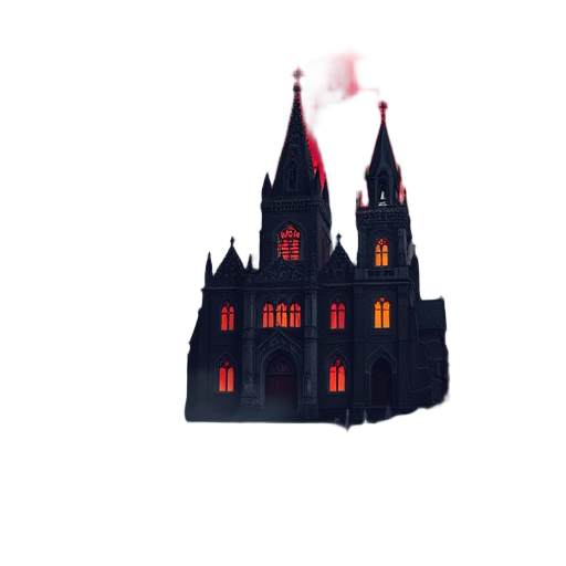 pixel art dark fantasy landscape, gothic graveyard scene, large red moon, medieval cathedral, fog, glowing windows, twisted trees, cobblestone ground, 2d background, 16-bit style