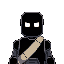 the character has a black stickman body with dark gray shaded robotic arms and legs, white square eyes, and a beige strap across the chest. the expression is neutral but intense, with a subtle glow i
