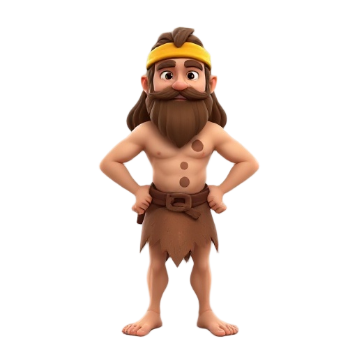 a stylized 3d cartoon character of a primitive stone-age warrior, standing in a t-pose. he has long brown hair and a thick beard, wearing a yellow-brown headband and a one-piece caveman outfit made of animal skin with jagged edges and two spots on the che