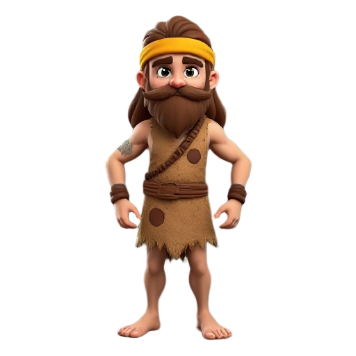 a stylized 3d cartoon character of a primitive stone-age warrior, standing in a t-pose. he has long brown hair and a thick beard, wearing a yellow-brown headband and a one-piece caveman outfit made of animal skin with jagged edges and two spots on the che