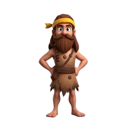 a stylized 3d cartoon character of a primitive stone-age warrior, standing in a t-pose. he has long brown hair and a thick beard, wearing a yellow-brown headband and a one-piece caveman outfit made of animal skin with jagged edges and two spots on the che