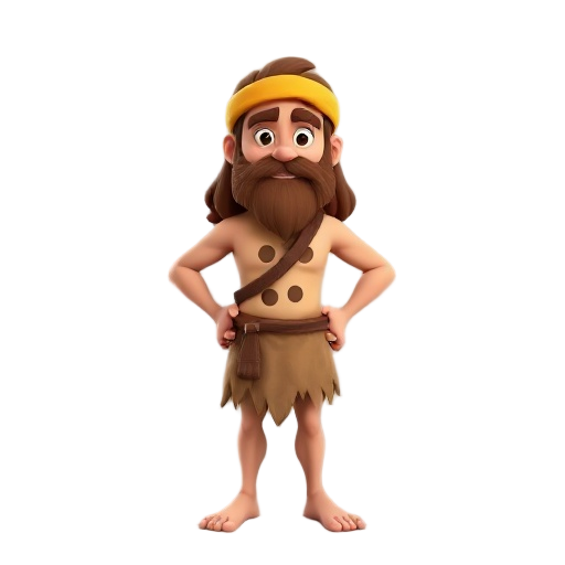 a stylized 3d cartoon character of a primitive stone-age warrior, standing in a t-pose. he has long brown hair and a thick beard, wearing a yellow-brown headband and a one-piece caveman outfit made of animal skin with jagged edges and two spots on the che