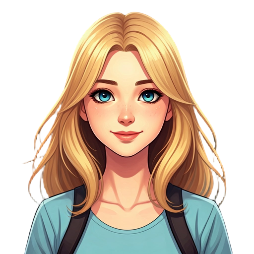 beautiful anime girl smiling,  hair is blond, eyes are blue.