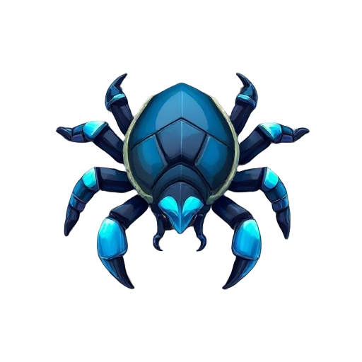 six-legged armored creature with iridescent shell	blue-black carapace, six segmented legs, scuttling posture, insect-like mandibles	centered, no background, perfect top-down angle	high detail, sharp edges, game-ready sprite, vibrant colors			