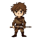 male rpg hero with messy brown hair, wearing a simple leather tunic and holding a basic sword. he has a tired, slightly bored expression. the background should be transparent.