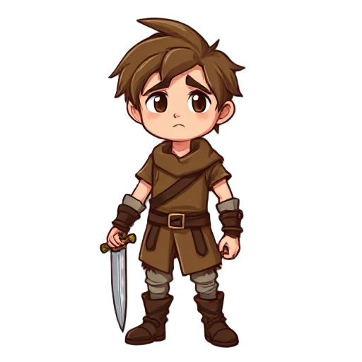 male rpg hero with messy brown hair, wearing a simple leather tunic and holding a basic sword. he has a tired, slightly bored expression. the background should be transparent.