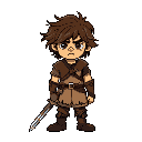 male rpg hero with messy brown hair, wearing a simple leather tunic and holding a basic sword. he has a tired, slightly bored expression. the background should be transparent.